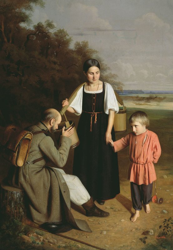 Peasant Woman Giving Water to Soldier, vintage artwork by Alexei Kolesov, 12x8" (A4) Poster