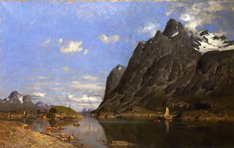 Fishing Settlement in the Lofoton Islands, vintage artwork by Adelsteen Normann, 12x8" (A4) Poster