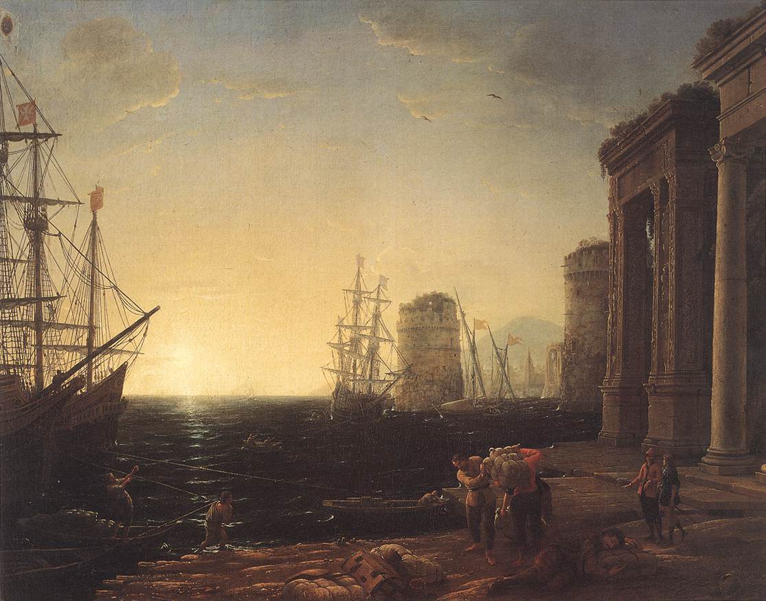 Harbour Scene at Sunset, vintage artwork by Claude Lorrain, 12x8" (A4) Poster