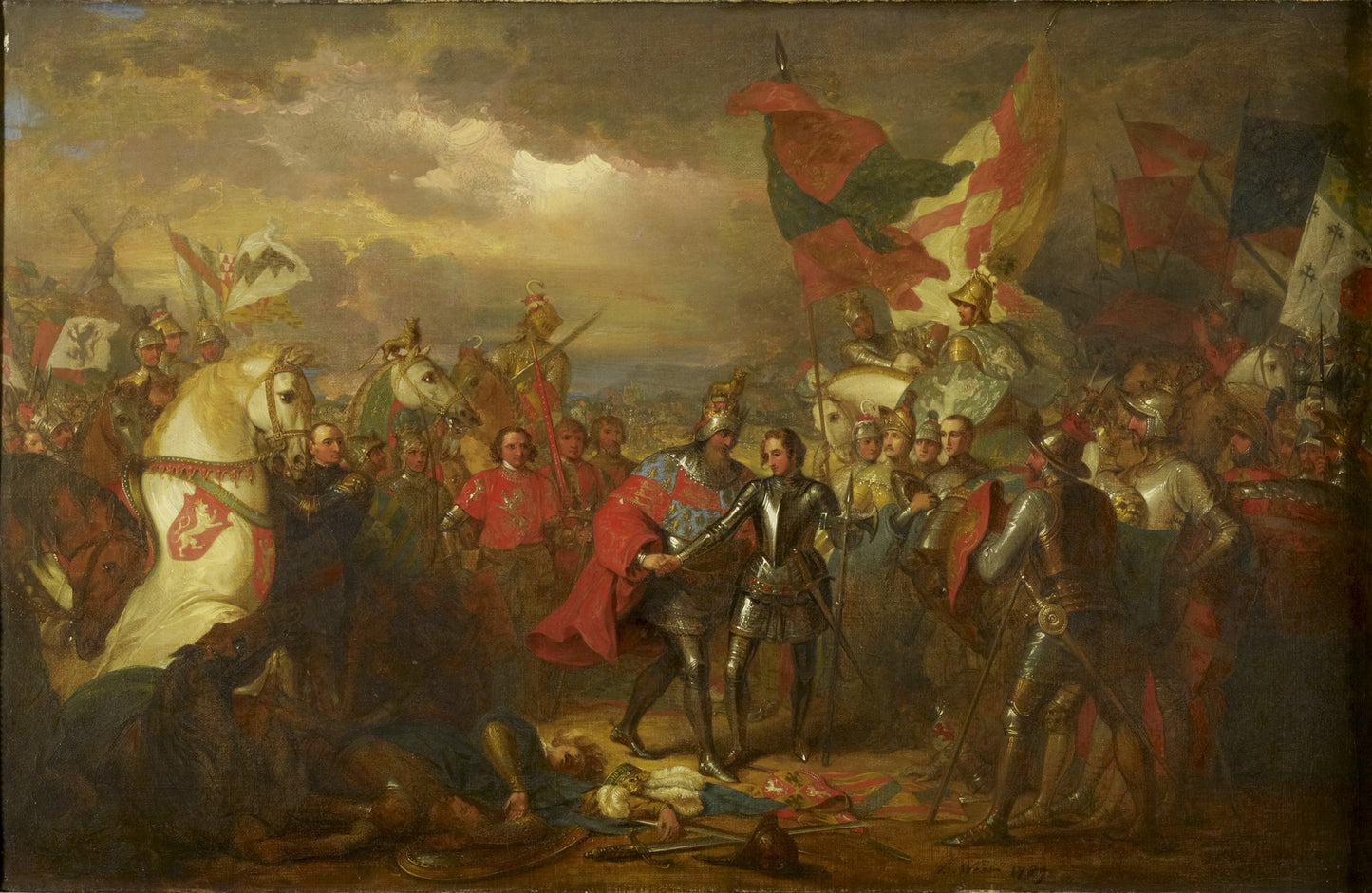 Edward III (1312-1377) with the Black Prince (1330-1376) after the Battle of Crecy (1346), vintage artwork by Benjamin West, 12x8" (A4) Poster