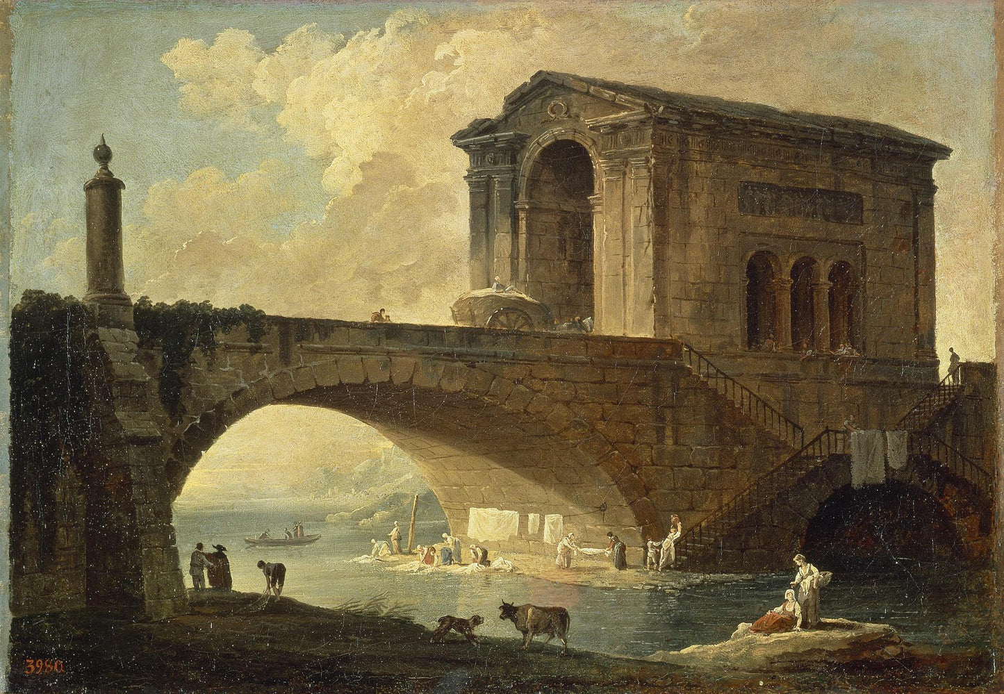 Landscape with a Stone Bridge, vintage artwork by Hubert Robert, 12x8" (A4) Poster