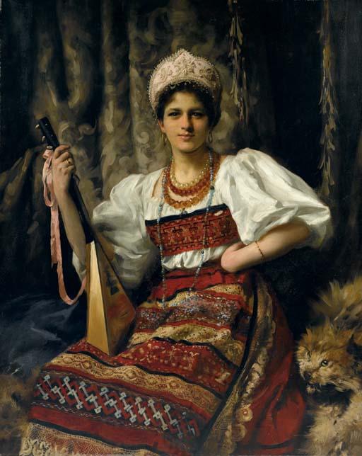 Portrait of Anne in Russian costume holding a balalaika, vintage artwork by Thomas Benjamin Kennington, 12x8" (A4) Poster