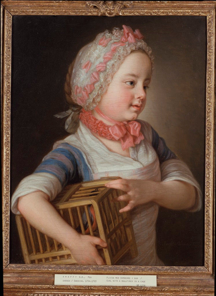 Girl with Bullfinch in a Cage, vintage artwork by Per Krafft the Elder, 12x8" (A4) Poster