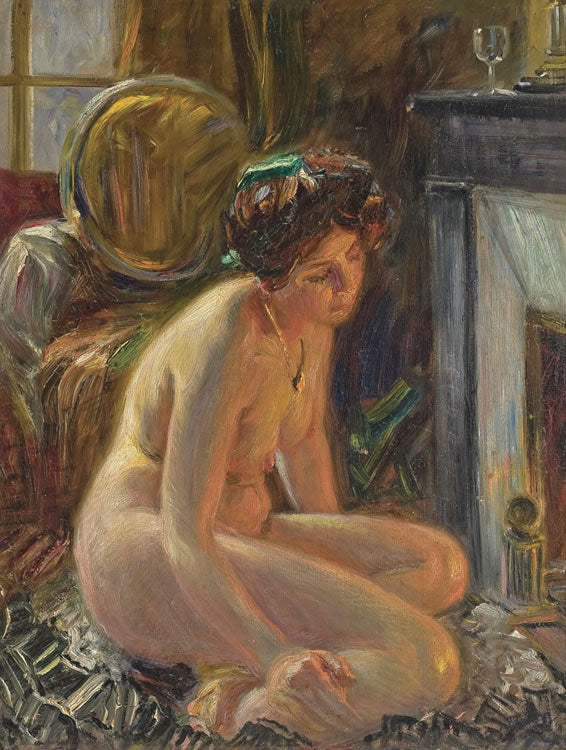 Woman Seated by the Fireplace, vintage artwork by George Brainerd Burr, 12x8" (A4) Poster