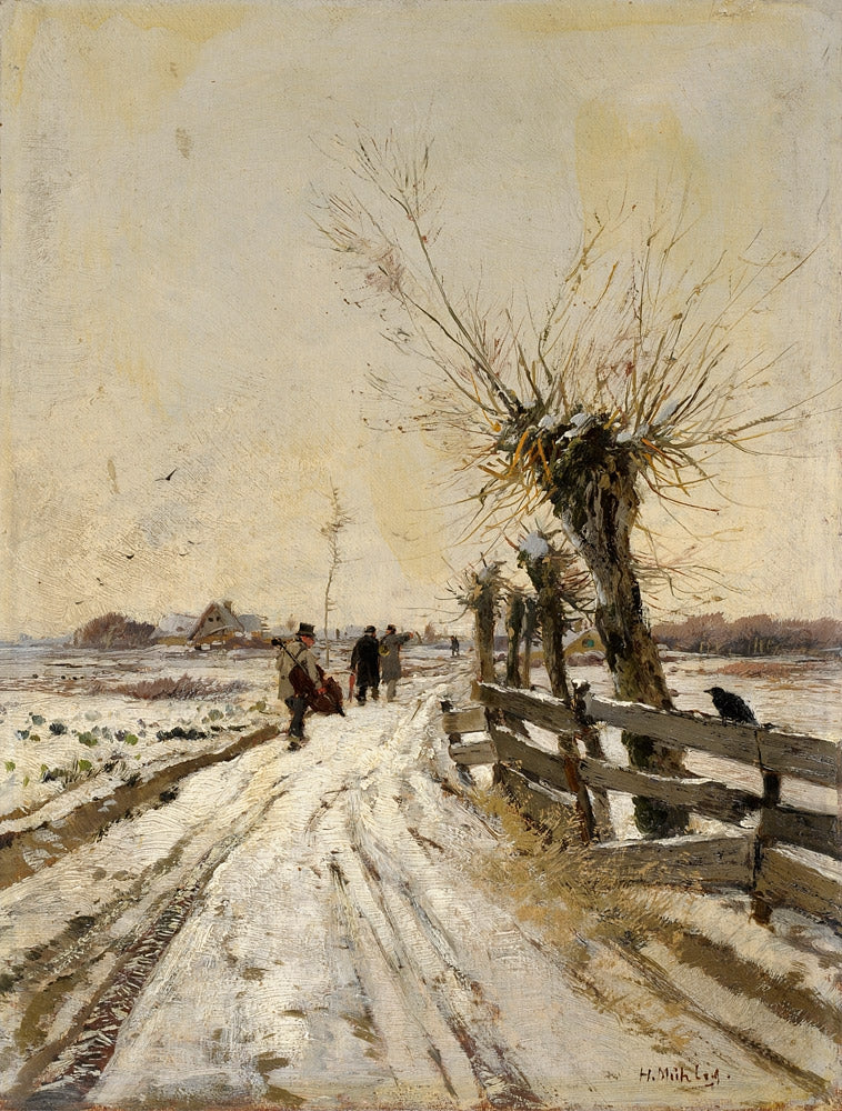 Winter village street with musicians by Hugo Muhlig,A3(16x12")Poster