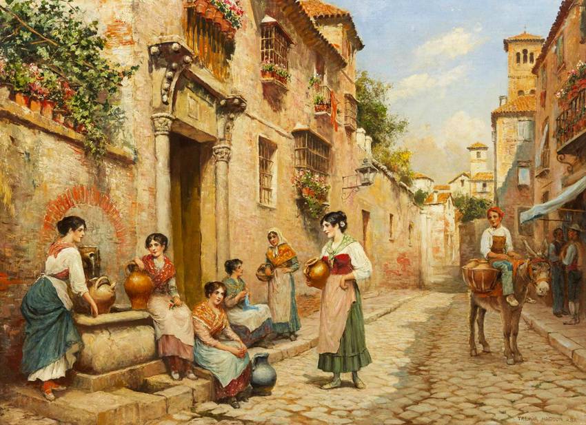 At the Water Fountain, vintage artwork by Arthur Trevor Haddon, 12x8" (A4) Poster
