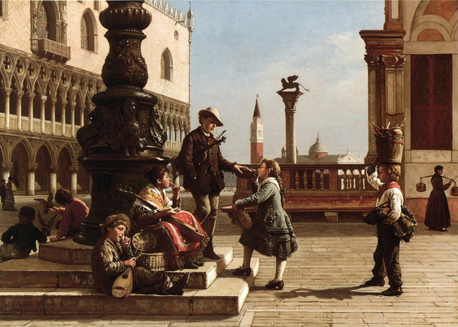 Young Musicians in Piazza San Marco, Venice, vintage artwork by Antonio Paoletti, 12x8" (A4) Poster