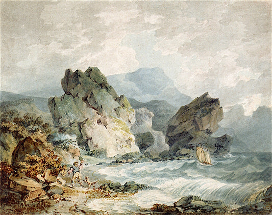 A Bay on a Rocky Coast with a Man Running, vintage artwork by Joseph Mallord William Turner, 12x8" (A4) Poster