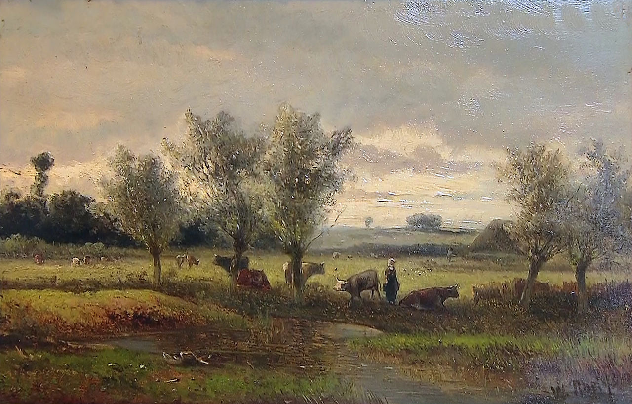 Girl and Cows in a Meadow, vintage artwork by Willem Roelofs, 12x8" (A4) Poster
