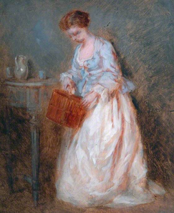 Girl Caging a Bird, vintage artwork by Charles Chaplin, 12x8" (A4) Poster