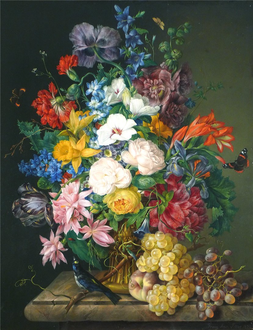 Still Life with spring and summer flowers, a songbird and fruit, vintage artwork by Franz Xavier Petter, A3 (16x12") Poster Print