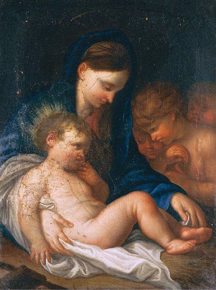 Madonna with Child and Angel, vintage artwork by Gianbettino Cignaroli, 12x8" (A4) Poster