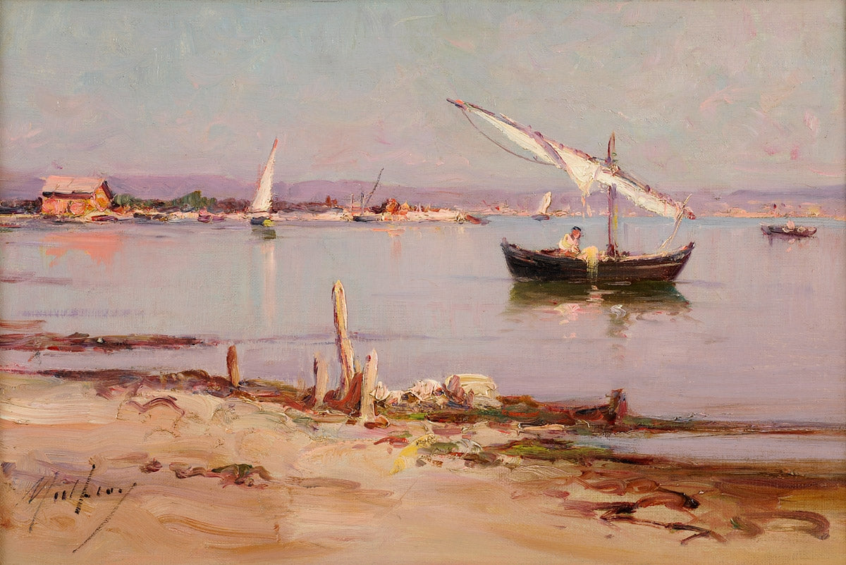 Coastal scene with fishing boats, vintage artwork by Charles Malfroy, 12x8" (A4) Poster