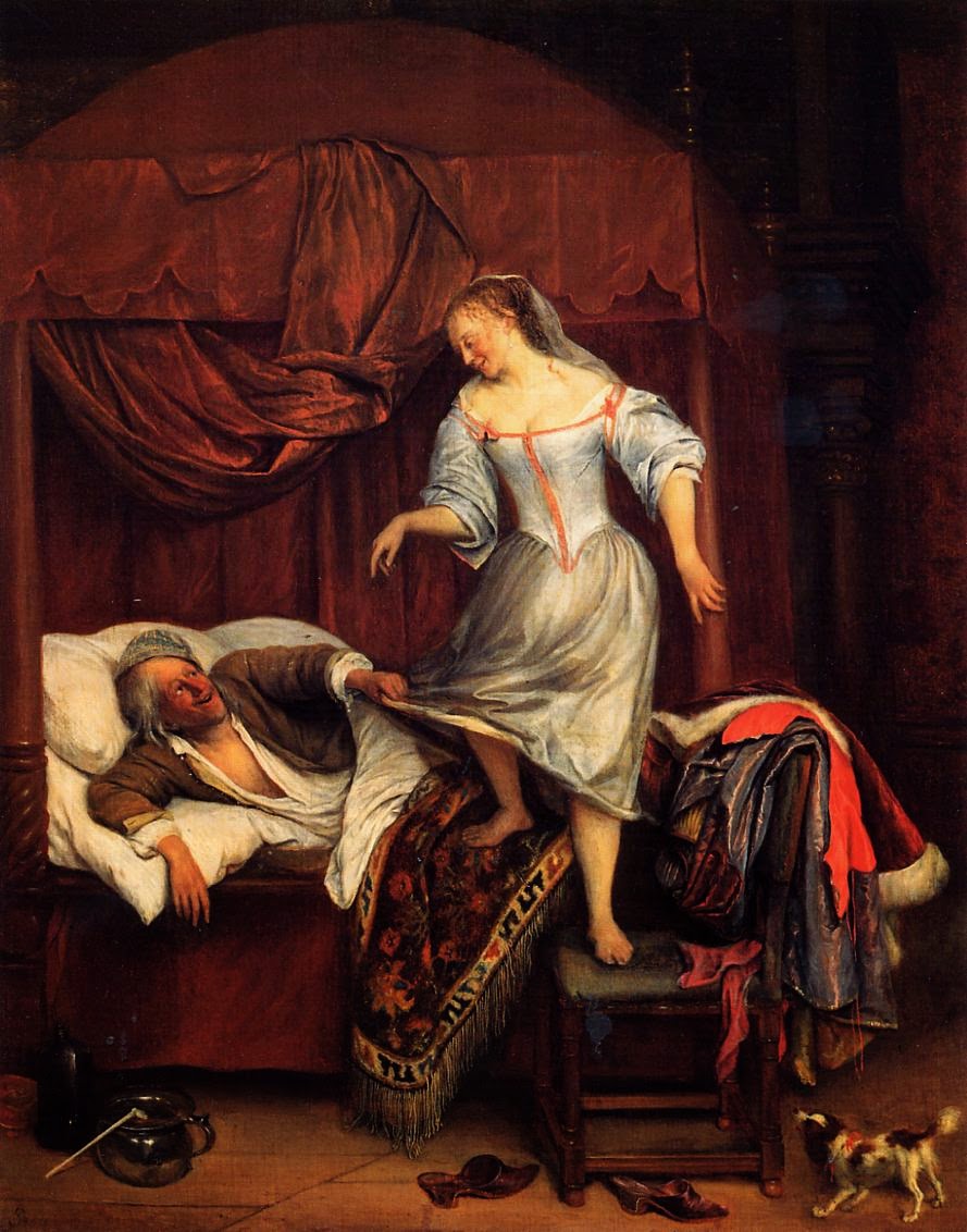 Couple in a Bedroom, vintage artwork by Jan Havicksz. Steen, 12x8" (A4) Poster