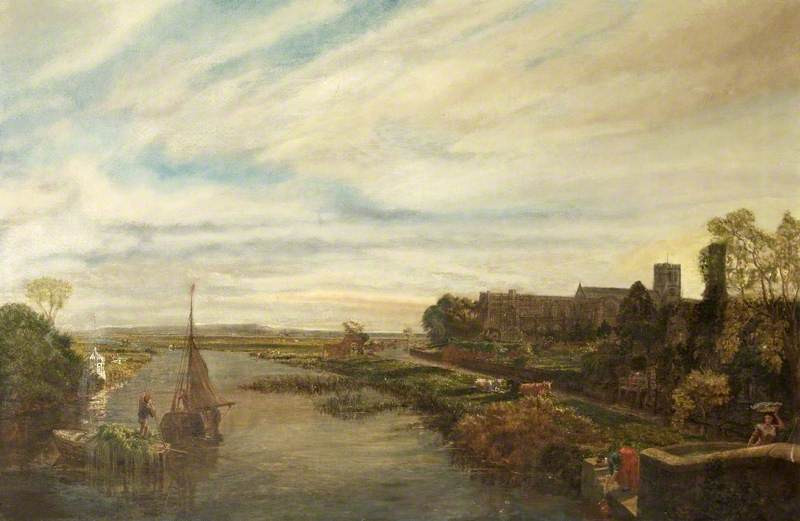 Christchurch Priory on the Avon and Stour, Hampshire, vintage artwork by William Parrott, A3 (16x12") Poster Print
