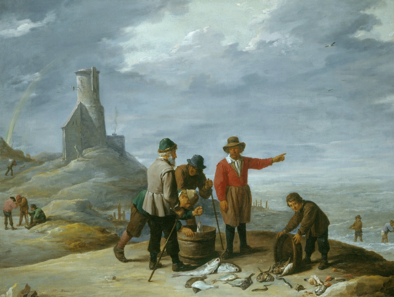 Fishermen on the Seashore, vintage artwork by David Teniers (II), 12x8" (A4) Poster