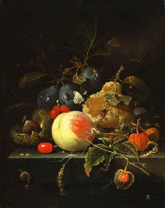 Fruit and Nuts on a Stone Ledge, vintage artwork by Abraham Mignon, 12x8" (A4) Poster