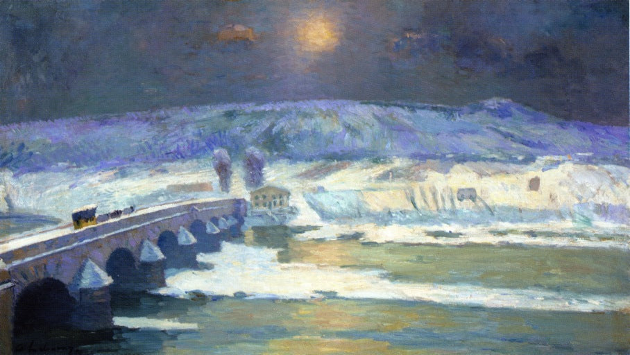 The Bridge over the Allier at Pont-du-Chateau in Winter, vintage artwork by Albert Lebourg, 12x8" (A4) Poster