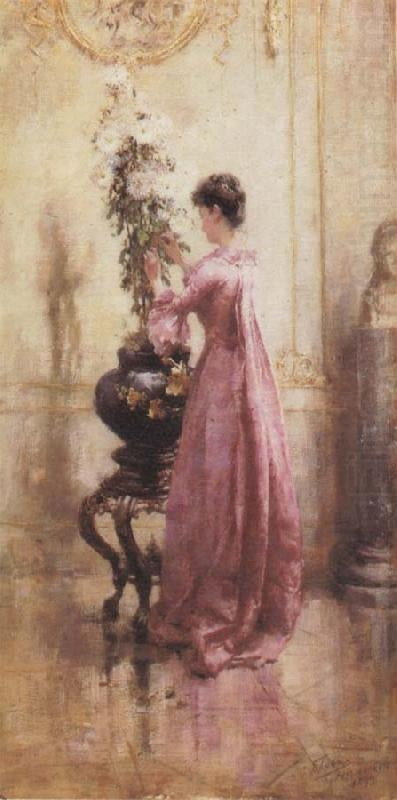 Woman with Chrysanthemums, vintage artwork by Eugène Joors, 12x8" (A4) Poster