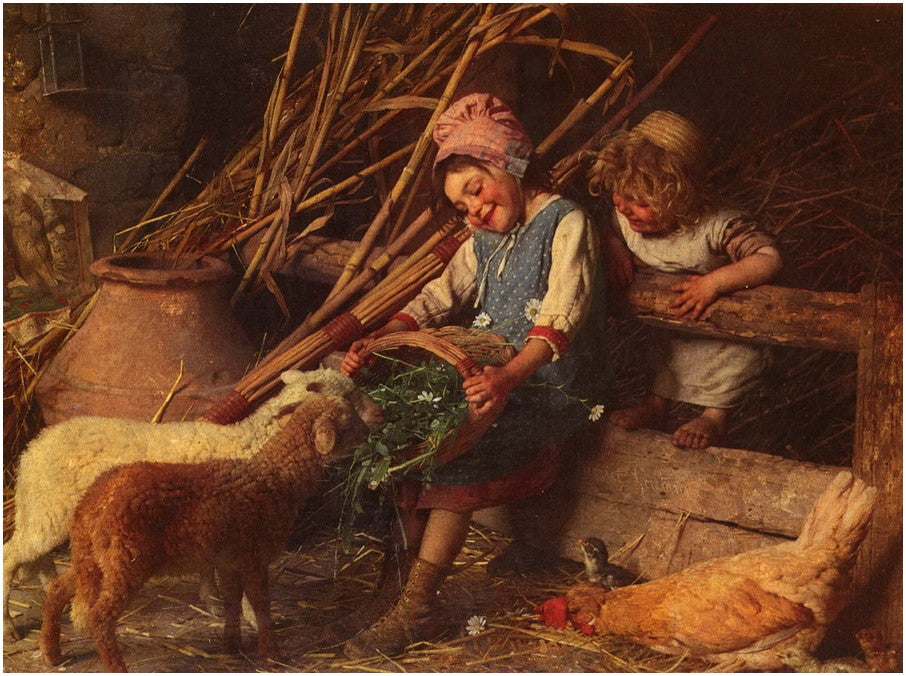 Feeding The Lambs, vintage artwork by Gaetano Chierici, 12x8" (A4) Poster