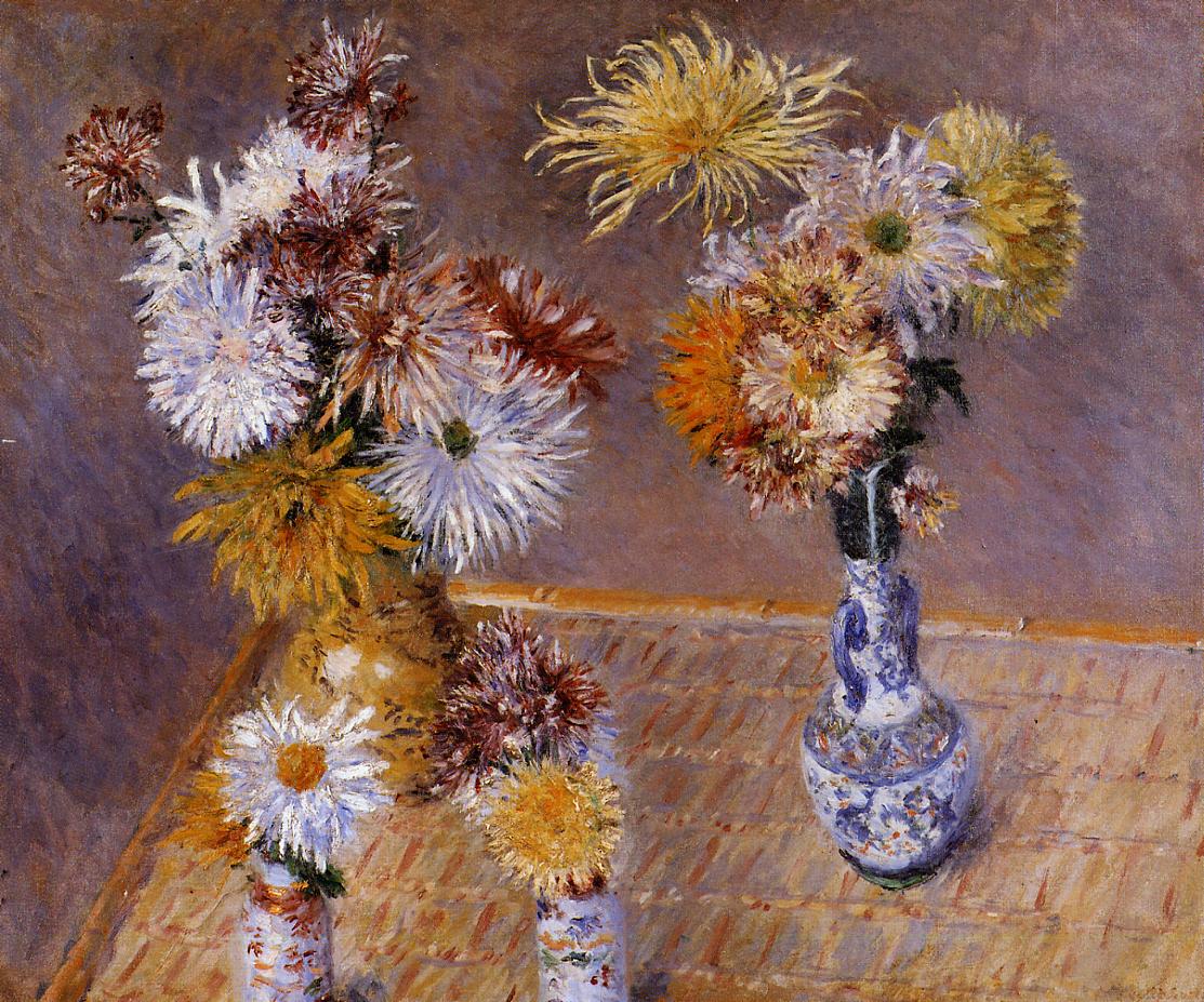 Four Vases of Chrysanthemums, vintage artwork by Gustave Caillebotte, 12x8" (A4) Poster
