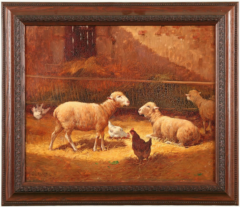 Sheep in the Barn, vintage artwork by Charles Clair, 12x8" (A4) Poster