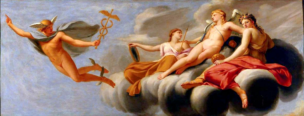 Life of Cupid - Cupid Ordering Mercury to Announce his Power to the Universe, vintage artwork by Eustache Le Sueur, 12x8" (A4) Poster