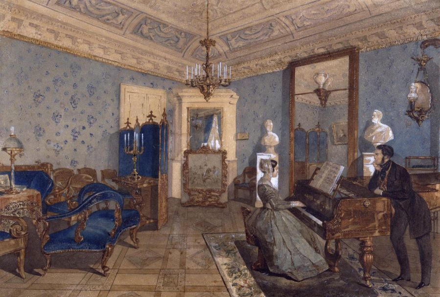 Interior of a Blue Salon, vintage artwork by Petr Sokolov, 12x8" (A4) Poster