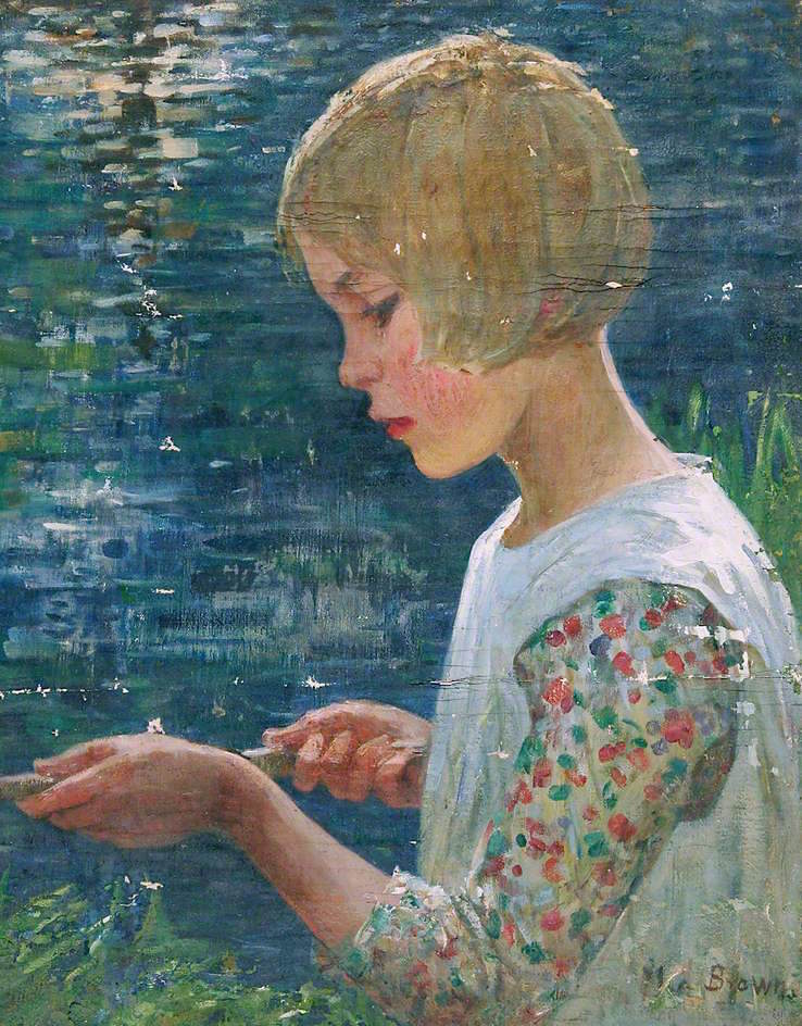 Girl Fishing, vintage artwork by Mia Arnesby Brown, 12x8" (A4) Poster