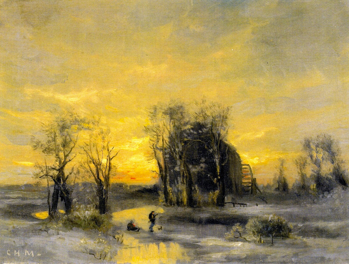 Winter Landscape at Jane's Mill, Hempstead, vintage artwork by Charles Henry Miller, 12x8" (A4) Poster