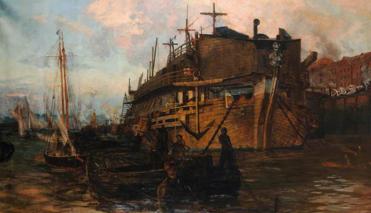 The Gloucester Hulk at Chatham, vintage artwork by William Lionel Wyllie, 12x8" (A4) Poster