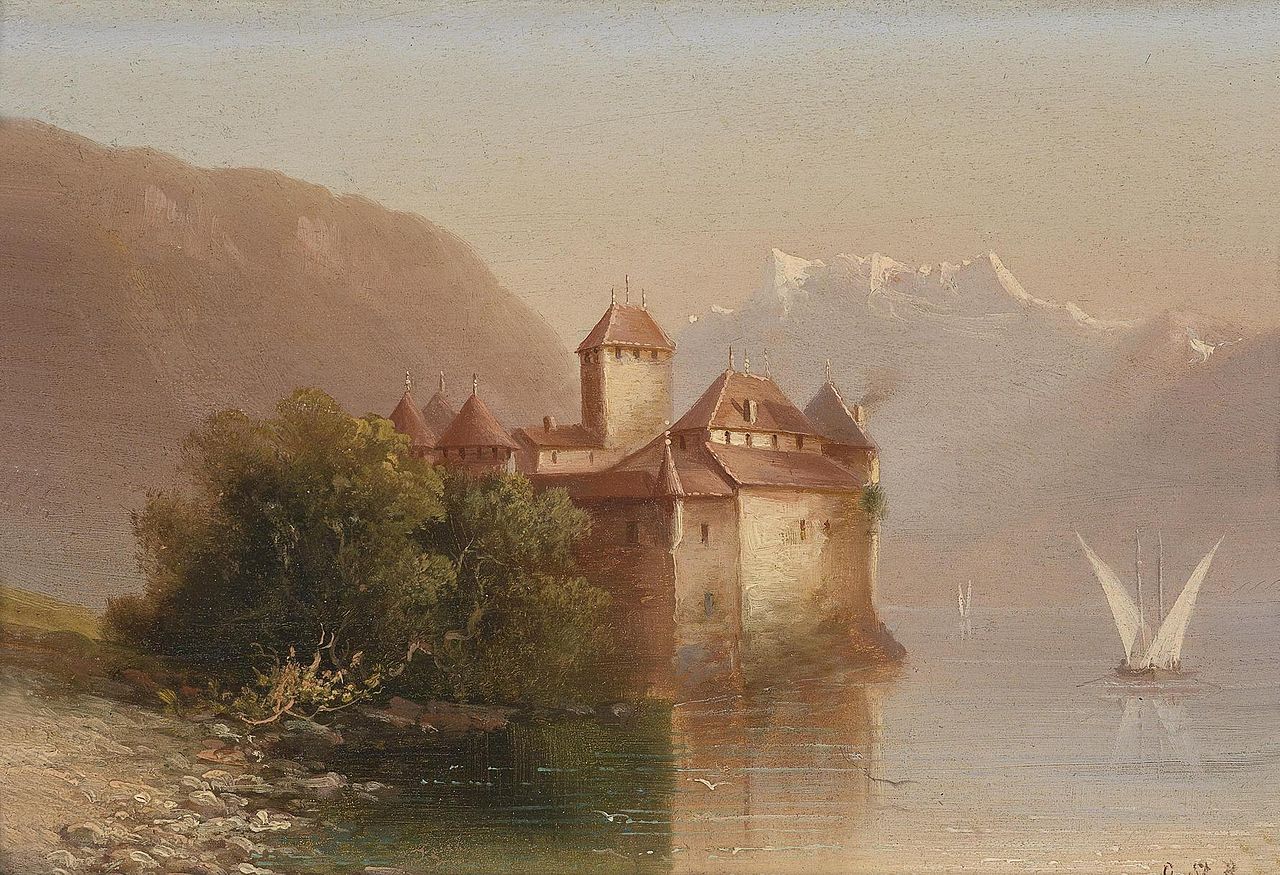 View of Castle Chillon, vintage artwork by Hubert Sattler, A3 (16x12") Poster Print