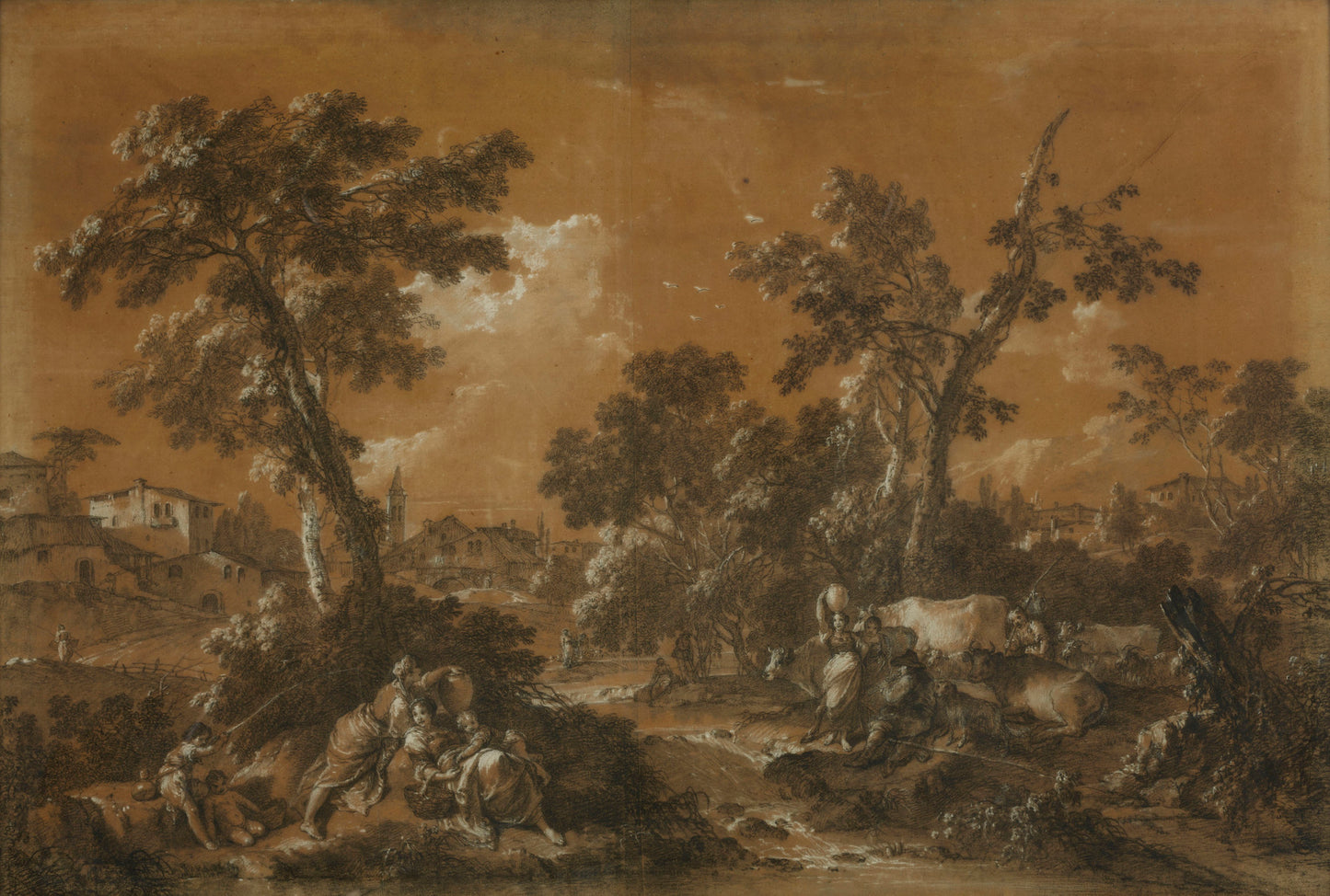 Herdsmen, Shepherdesses and Sheep Resting by River, vintage artwork by Francesco Zuccarelli, 12x8" (A4) Poster