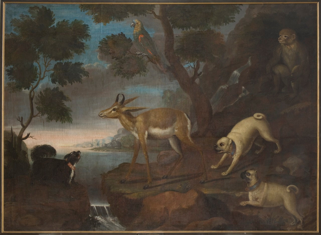 Bengalese Deer Attacked by Pugs, vintage artwork by David Kock, 12x8" (A4) Poster