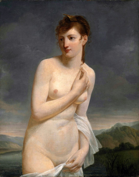 A Female Bather with an Extensive Landscape beyond, vintage artwork by Jacques-Antoine Vallin, 12x8" (A4) Poster
