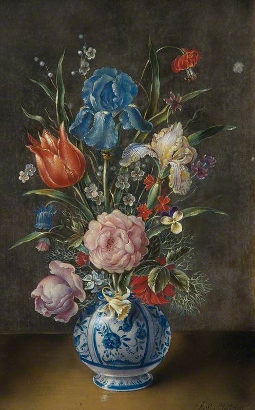 Spring Flowers in a Delft Vase: Iris, Roses and a Tulip, vintage artwork by Anthony Claesz. the Younger, 12x8" (A4) Poster