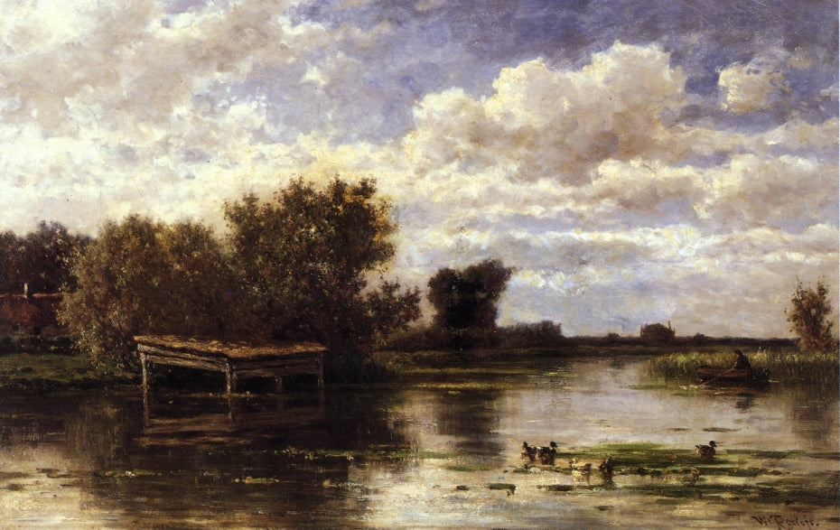 Banks of the River Gein, Holland, vintage artwork by Willem Roelofs, 12x8" (A4) Poster