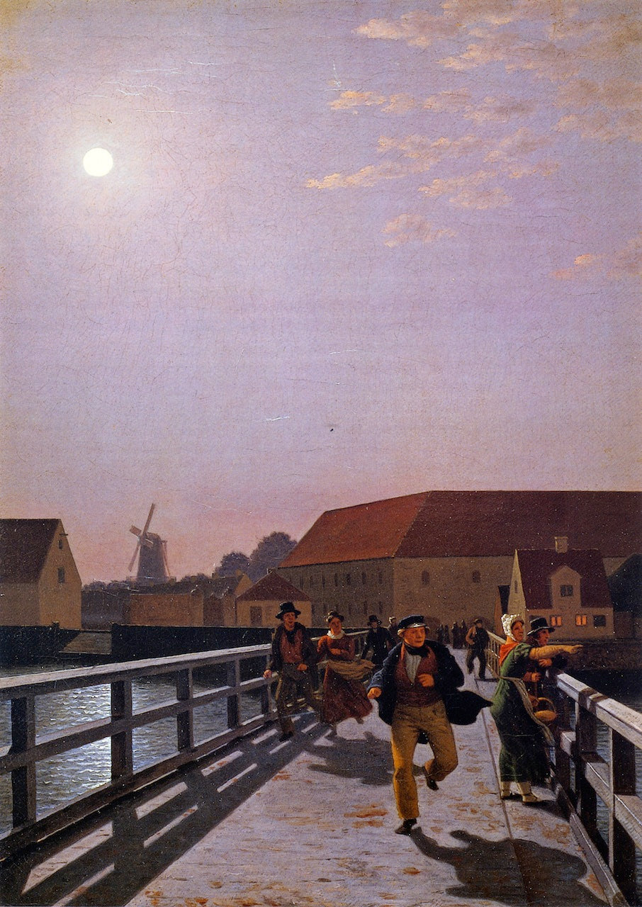 Long Bridge, Copenhagen in the Moonlight, vintage artwork by Christoffer Wilhelm Eckersberg, 12x8" (A4) Poster