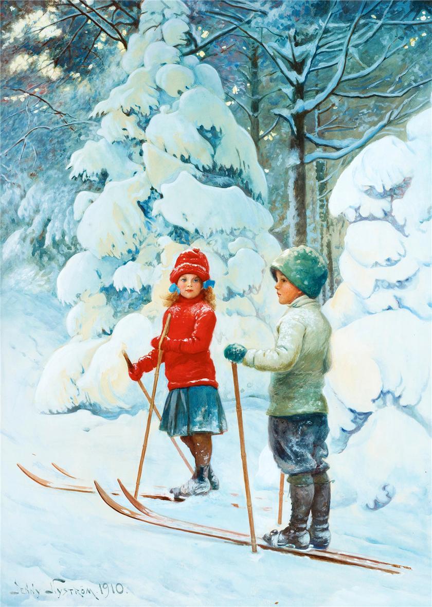 Skiing Children, vintage artwork by Jenny Nyström, 12x8" (A4) Poster