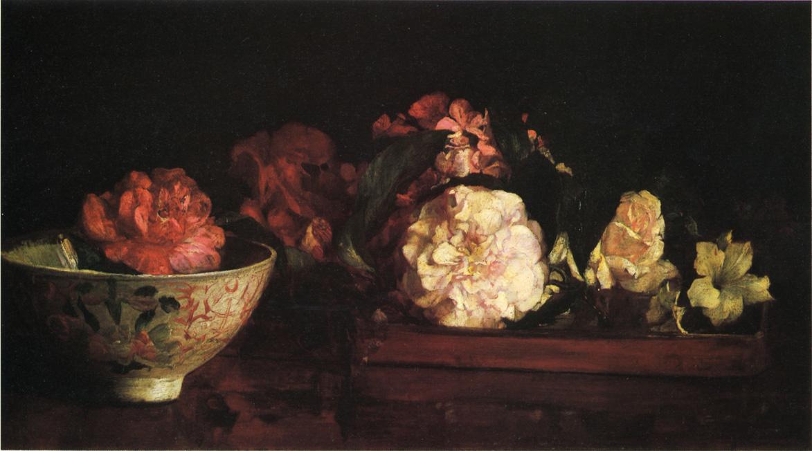 Flowers in a Japanese Tray on Mahogany Table, vintage artwork by John La Farge, 12x8" (A4) Poster