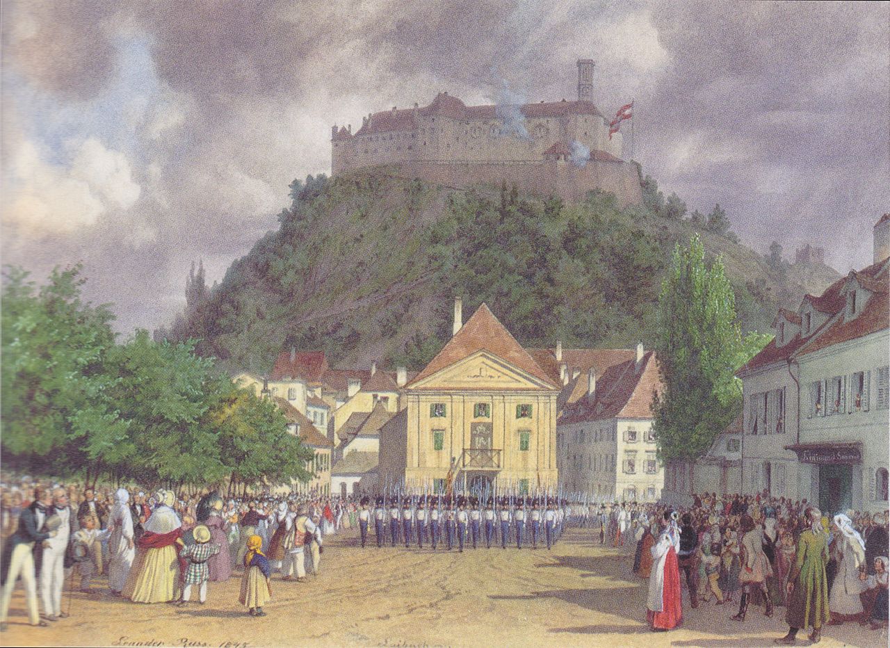 Parade to welcome the emperor in Ljubljana, vintage artwork by Leander Russ, A3 (16x12") Poster Print