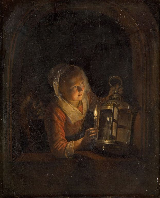 Girl at the window with lantern, vintage artwork by Gerrit Dou, 12x8" (A4) Poster