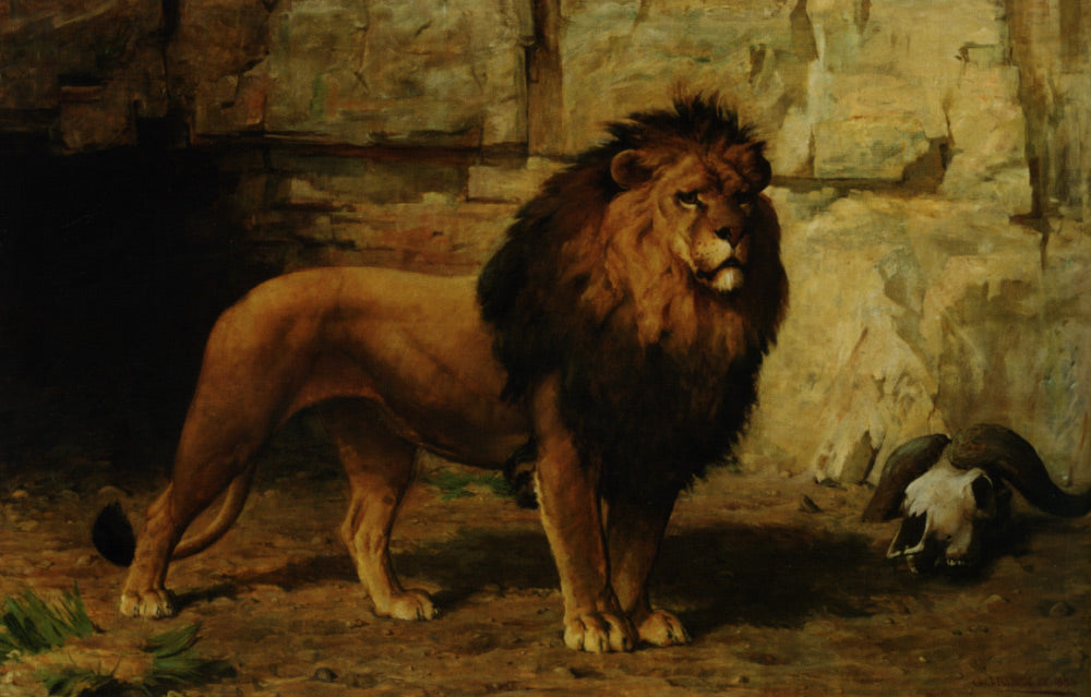 Lion Guarding His Den, vintage artwork by George Goodwin Kilburne, 12x8" (A4) Poster