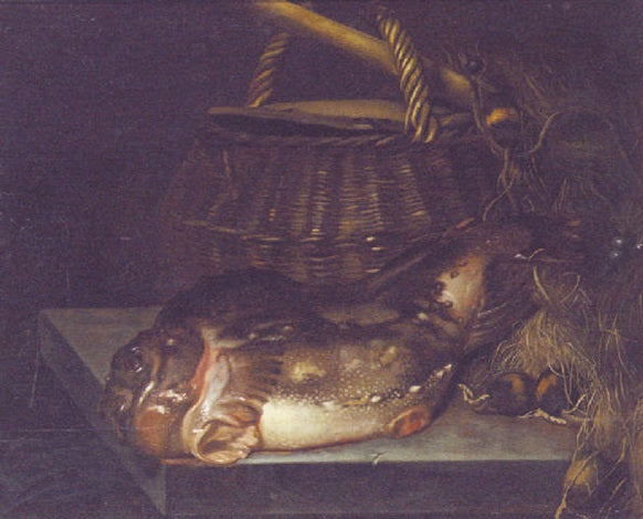 Still-Life with Cod by a Creel, vintage artwork by Hendrick ten Oever, 12x8" (A4) Poster