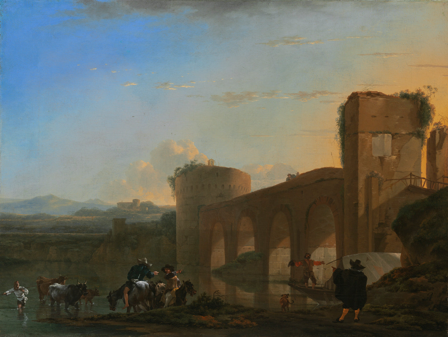 The Tiber River with the Ponte Molle at Sunset, vintage artwork by Jan Asselijn, 12x8" (A4) Poster