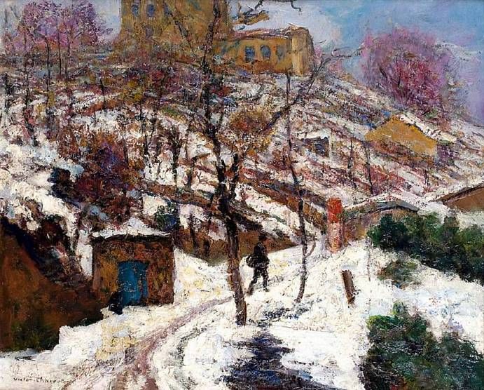 Coteaux de vigne sous la neige a Noel, vintage artwork by Victor Charreton, 12x8" (A4) Poster