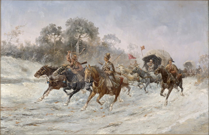 Gold Transportation in the Winter, vintage artwork by Constantin Stoiloff, 12x8" (A4) Poster