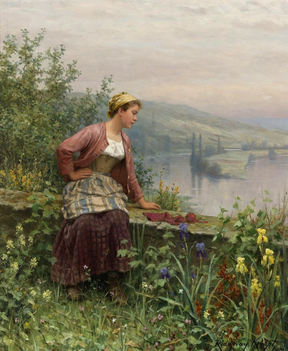 Brittany Girl Overlooking a Stream, vintage artwork by Daniel Ridgway Knight, 12x8" (A4) Poster