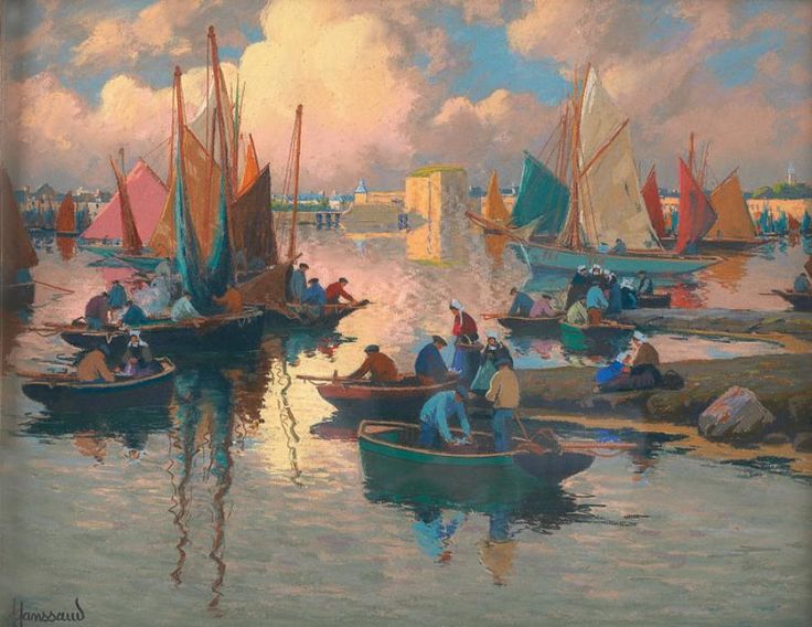 Fishermen of Port Concarneau, vintage artwork by Mathurin Janssaud, 12x8" (A4) Poster