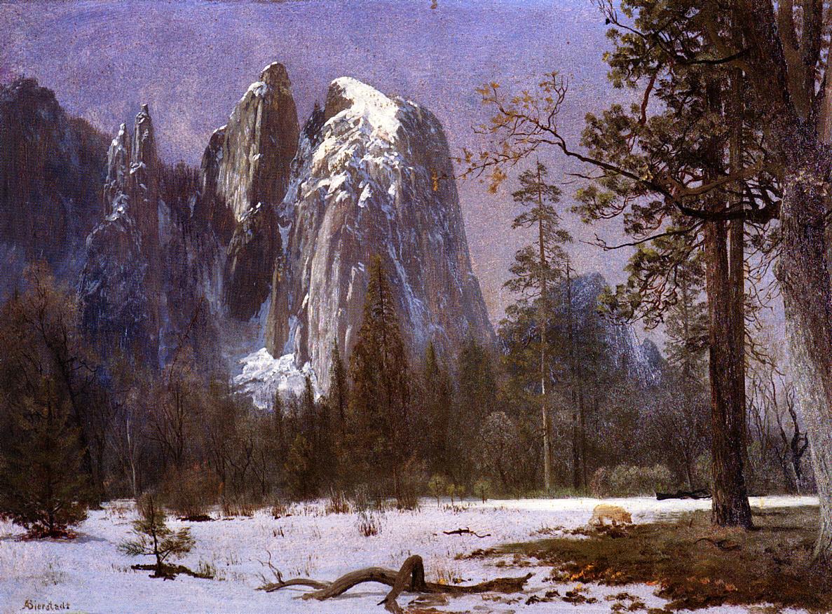 Cathedral Rocks, Yosemite Valley, Winter, vintage artwork by Albert Bierstadt, 12x8" (A4) Poster